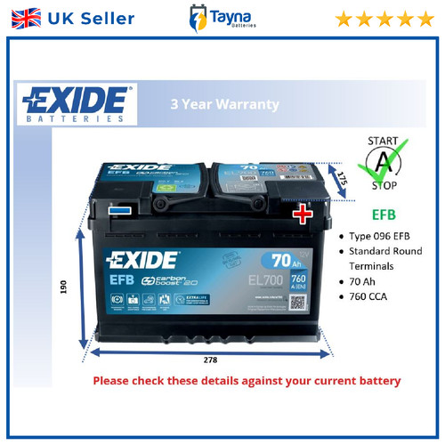 Efb car battery el700 exide - efb,