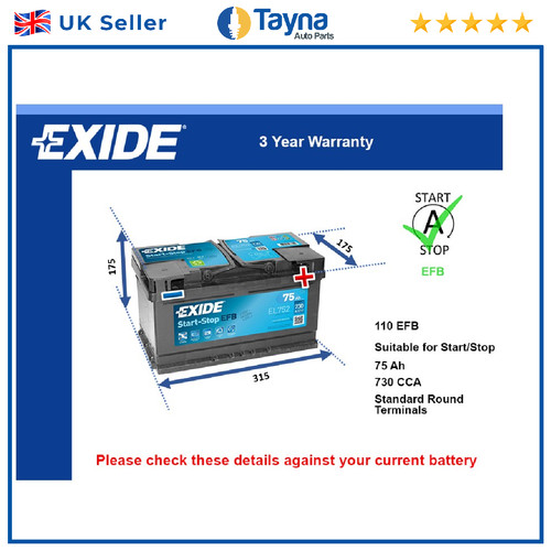 Efb car battery el752 exide - car,