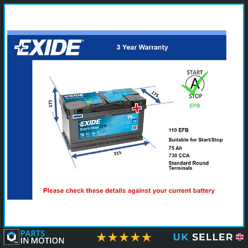 Efb car battery el752 exide - efb,